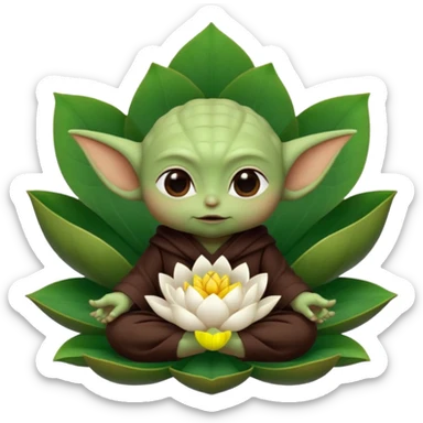 Baby Yoda con su tunica chocolate oscuro sentado dentro de una flor de loto sticker