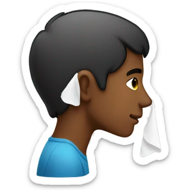 A side profile of a young man with a tissue covering their ear sticker