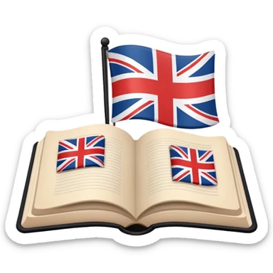 Minimalistic flat vector icon, iOS style, thin black contour on white background. Open book with a small UK/USA flag symbol. No text, no shadows. sticker