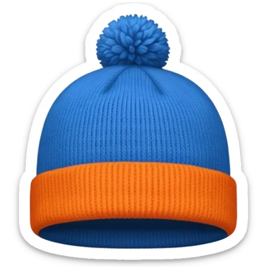 a blue beanie with an orange rim, and an orange puff dot at the top sticker
