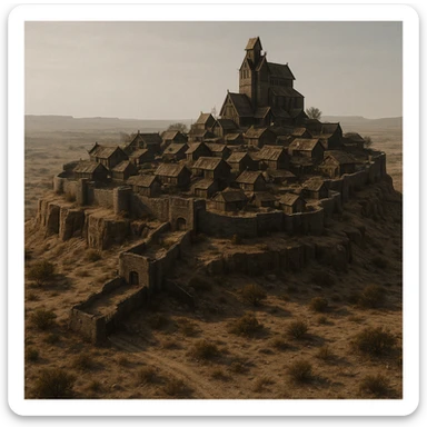 A small hilltop mesa city in the videogame dayz, screensot, based on whiterun sticker