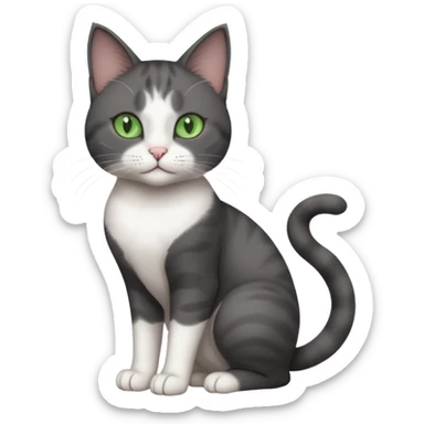 full body view of beautiful female solid dark grey cat with green eyes, white toes/paws and white patch on her chest sticker