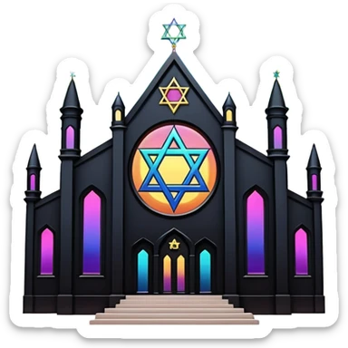 jewish synagogue temple in dark goth aesthetic style with black building and rainbow tint glass windows and star of david and celestial symbolism of peace and acceptance  sticker