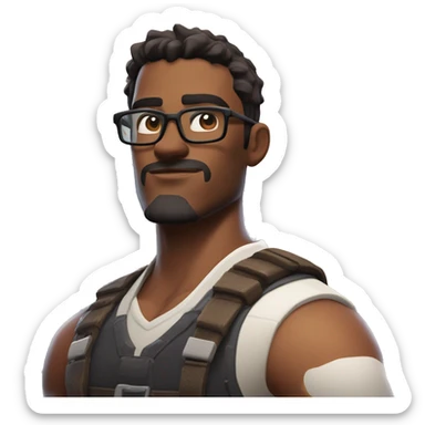  A tall, bespectacled, muscular and strong young man, deep-set eyes, round face, with dark brown hair and White skin tone, portrayed in the style of a Fortnite character rederend in the style of a fortnite charactere sticker