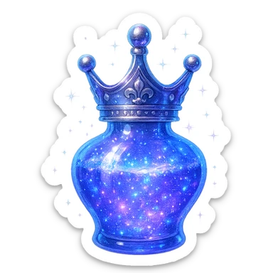 small crown-shaped luxurious elixir bottle, color #7986cb, iridescent and silver details, maximum intense magical glowing and sparkling effects, very small neck, seamless bottom, transparent background, floating, no base or shadow, modern, matching a collection sticker