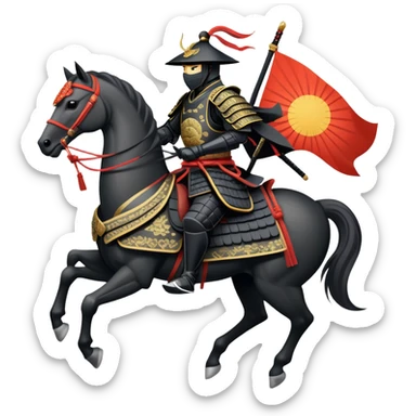 clash-of-clans-aesthetic_-cinematic-fearsome-and-majestic-samurai-bust-portrait-emoji, rendered in a flat, vector-style with minimal shading and bold, simplified shapes typical of emoji art, depicting a battle-hardened samurai with black mask and traditional black Japanese armor. The samurai is riding a noble grey warhorse adorned with an intricately designed saddle and fluttering banners and a rising sun. a zoomed in samurai riding on a  horse sticker