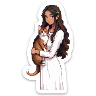beautiful girl with long black hair wearing a white dress holding an Abyssinian cat with reddish-brown fur in her arms sticker