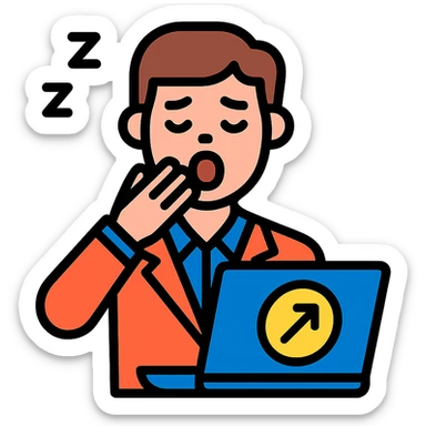 tired marketer yawning holding a laptop in a flat color icon style sticker