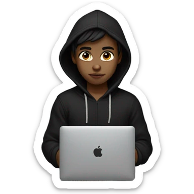 indonesian white skin boy wearingblack-hoodie with macbook sticker