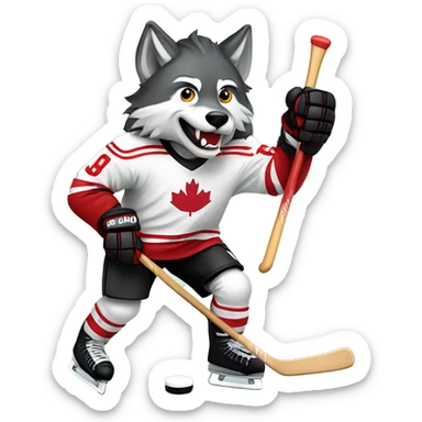 A wolf in a red black and white hockey uniform with a wolf emblem is playing hockey sticker