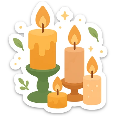 Several cute, glowing candles with flickering flames, set in a cozy and magical atmosphere, designed in a soft color palette: golden orange (FA9B41), deep forest green (4A7C5C), warm taupe brown (96775A), and pastel peach (FFCC9A). The candles are in delicate, slightly vintage holders, with the flames casting a gentle, warm glow. The wax is in shades of golden orange and peach, with subtle gradients, and small decorative patterns or tiny sparkles around them. The soft light from the candles creates a dreamy, enchanting ambiance, surrounded by tiny floating leaves or soft mist. The overall mood is serene, inviting, and magical. sticker