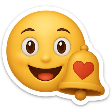 Add a notification bell with a heart to the classic yellow emoji, keeping the background transparent. The emoji should have a social media marketing vibe with a classic yellow emoji style. sticker