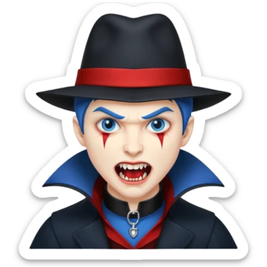 Vampire with blue hat,black coat with read collared ,teeth looks like vampire with aggression on face and full body. sticker