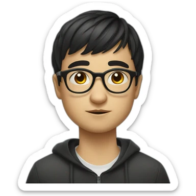 Russian boy in glasses with short black bangs wearing glasses and a stupid look sticker