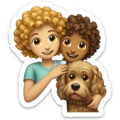 boy and girl hugs a curly dog sticker