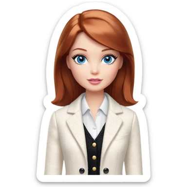 A Barbie girl with blue eyes, shoulder-length reddish-brown hair with makeup, wearing a white tweed jacket and a black skirt, pale white body cream pot sticker