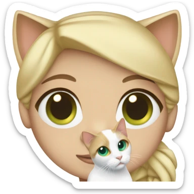 Blue eyes blonde girl, holding a calico cat with green eyes sticker