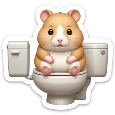 Cute chubby cartoon-style hamster sitting on toilet, sticker-style illustration sticker