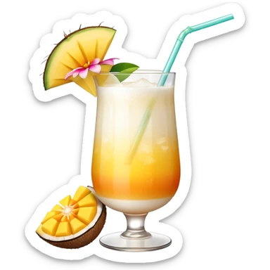 A beautiful cocktail with a creamy white to orange gradient, containing coconut juice and mango, reminiscent of summer. Above, there are tropical flowers, lemon slices, and a straws. sticker