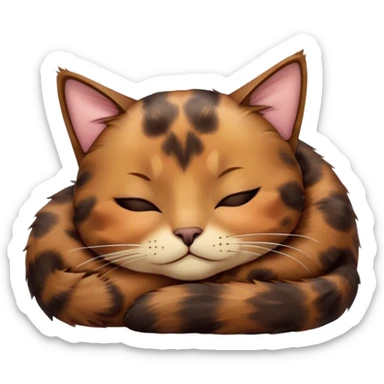 Meme-Worthy Cute Sleeping Tortoiseshell Cat Portrait Emoji, Head resting with a serene, sleepy smile and softly closed, dreamy eyes, showcasing a warm, mottled fur of rich browns and blacks, simplified yet adorably detailed, glowing with a gentle, drowsy radiance, high shine, exuding relaxed, heart-melting charm, styled with a soft glowing outline, capturing the essence of a sleeping tortoiseshell cat that radiates pure, peaceful cuteness! sticker