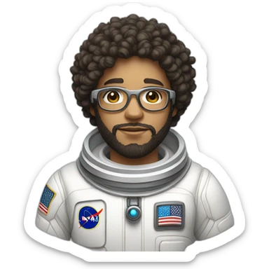 Light skinned Boy with black short curly hear and beard and glasses wearing a white astronaut suit m sticker