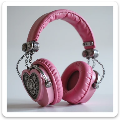 realistic pink gothic headphones with heart-shaped ear cups, metallic chains, and gothic engravings, photorealistic style sticker