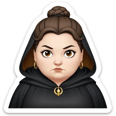 Alecto Carrow in harry potter, a white fat woman , brown one knot bun hair, look evil, black cloak sticker