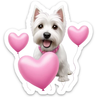 westie surrounding in pink heart balloons sticker