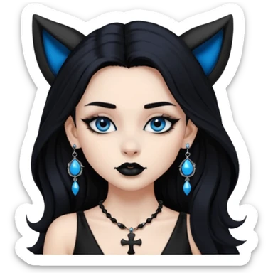 A girl with long black hair and blue eyes, black eyeshadow, black eye liner, mascara, and black lipstick, and black skull earrings. Also a black sexy dress and wolf ears  and a black pendent necklace and a black cross below her right eye sticker