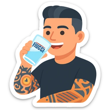 Transform the person in the photo into a colorful and modern cartoon/emoji style (not hyper-realistic). The person is drinking a glass of water with the 'Fiuggi' logo clearly visible. Include stylized tattoos and a smiling expression. sticker