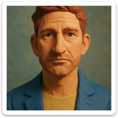 portrait inspired by Gerard Butler, face narrower and forehead slightly larger, claymation style sticker