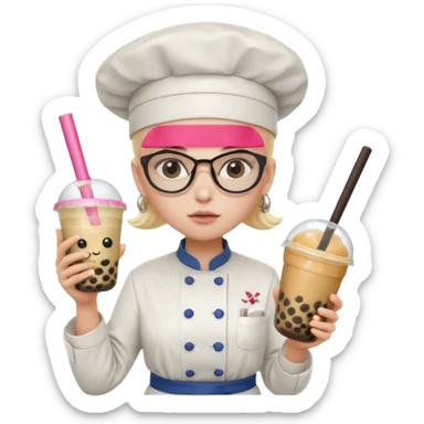 A Angry Teen Female with Pale skin and Bald, wearing a Uniform outfit, a Chef hat, Sunglasses, carrying a Wand, working as a scientist, while drinking Bubble tea and reading a Book.
 sticker