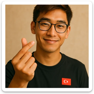 Turkish young man with slightly slanted eyes, wearing glasses, making a heart gesture with his hand, slightly tanned and light brown hair, warm and sincere expression, modern and youthful style sticker