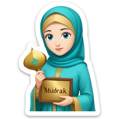 Turkish beautiful finish Konya girl blue eyes with gold hijab and islamic long tailed turquoise dress on the ground at garden and had on her hand text Eid Mubarak  sticker