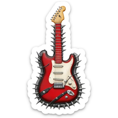 Create a powerful and dynamic humanless emoji representing rock vocals. The design should feature a classic vintage microphone with a rugged, distressed look, surrounded by elements like a guitar pick, electric guitar neck, and sound waves to reflect the raw energy of rock music. Add subtle details such as a spiked bracelet, leather textures, or bold lightning bolts to evoke the rebellious and intense spirit of rock. Use dark, edgy colors like black, red, silver, and metallic accents to emphasize the fierce, loud, and passionate nature of rock vocals. The background should be transparent. sticker
