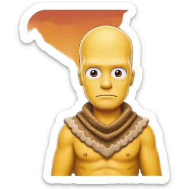 a simpson guy wearing ancient animal skin cloth with volcano behind, half body, icon sticker