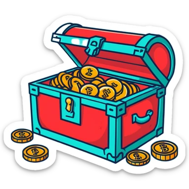 A vibrant red RPG treasure chest with gold coins spilling out sticker