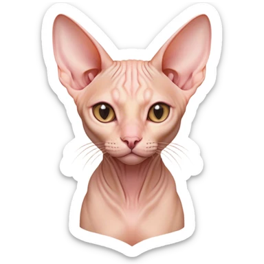 Cinematic Noble Sphynx Cat Portrait Emoji, Poised and regal, with smooth, hairless skin in warm peach and soft pink tones, striking large ears and intense almond-shaped eyes, Simplified yet sharp and sophisticated features, highly detailed, glowing with a soft, dignified glow, high shine, intelligent and graceful, stylized with an air of elegance, focused and attentive, soft glowing outline, capturing the essence of a watchful and refined feline, so majestic it feels as though it could glide across the screen with effortless confidence! sticker