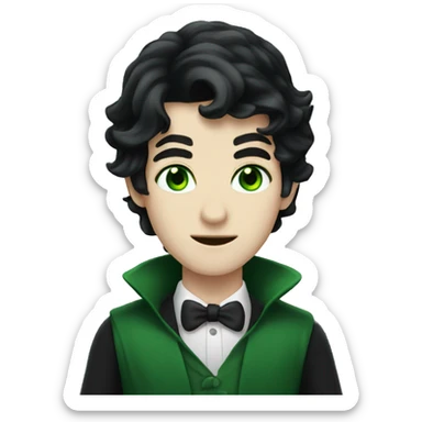 teenage white-skinned magician with black hair, green eyes in dark green disguise sticker