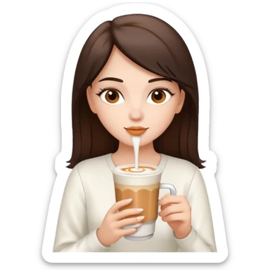 white brunette with brown eyes and a white outfit, drinking a caramel machiatto sticker