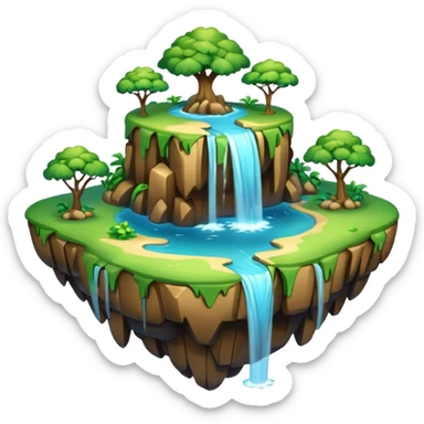 a 2d smooth not too dertailed cartoon floating island emoji with waterffalls of the sides sticker