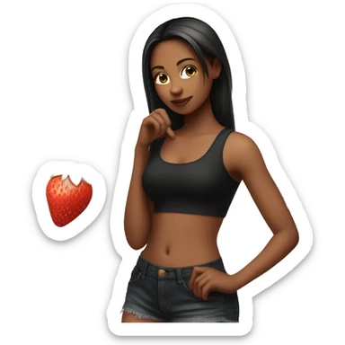 girl in black tank top holding a strawberry full body pic sticker