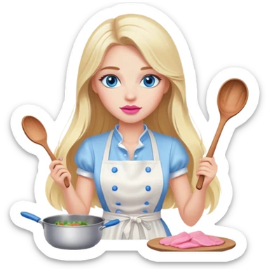Cinematic realistic beautiful blonde with long hair, blue eyes and pink lips in a white dress cooks sticker