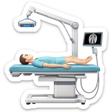 3D medical DEXA scan machine with male patient lying on examination table, bone density measurement equipment with scanning arm over patient sticker