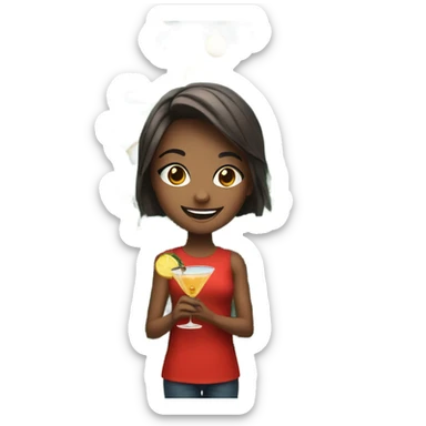 smiling girl by christmas tree with a cocktail sticker