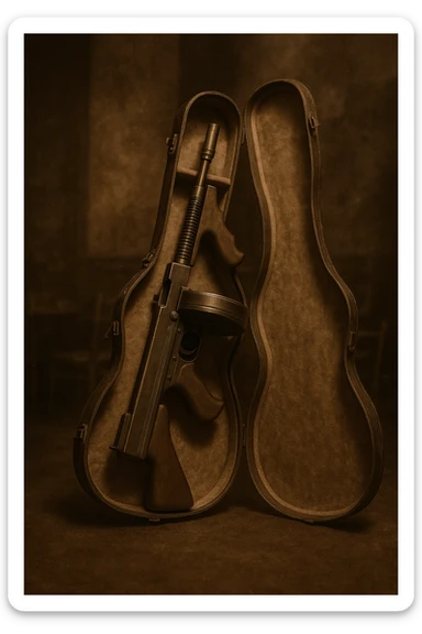 violin case with a hidden Tommy gun inside, referencing Chicago mob lore, vintage style sticker