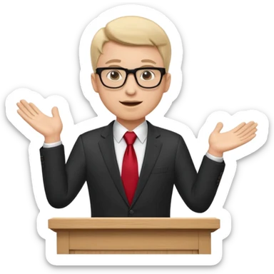 A professional clean-shaven man in a dark business suit and red tie standing behind a podium, confidently delivering a speech. Hands slightly open in a welcoming gesture, soft studio lighting, neutral dark background, friendly facial expression, glasses, elegant and corporate look. sticker