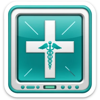 Emoji-style icon of a medical cross inside a scan frame with data lines, symbolizing AI disease detection. Simple emoji design, teal and white theme, no text, transparent background. sticker