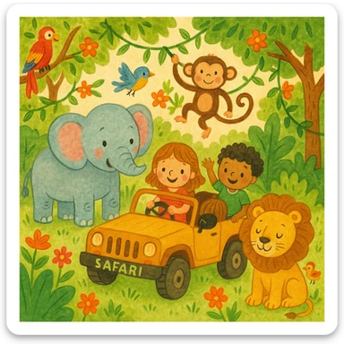 hand drawn digital illustration of jungle safari in the style of children's illustration sticker