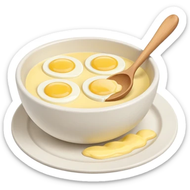 a dozen eggs, a ceramic mixing bowl with a wooden spoon and a plate of butter sticker